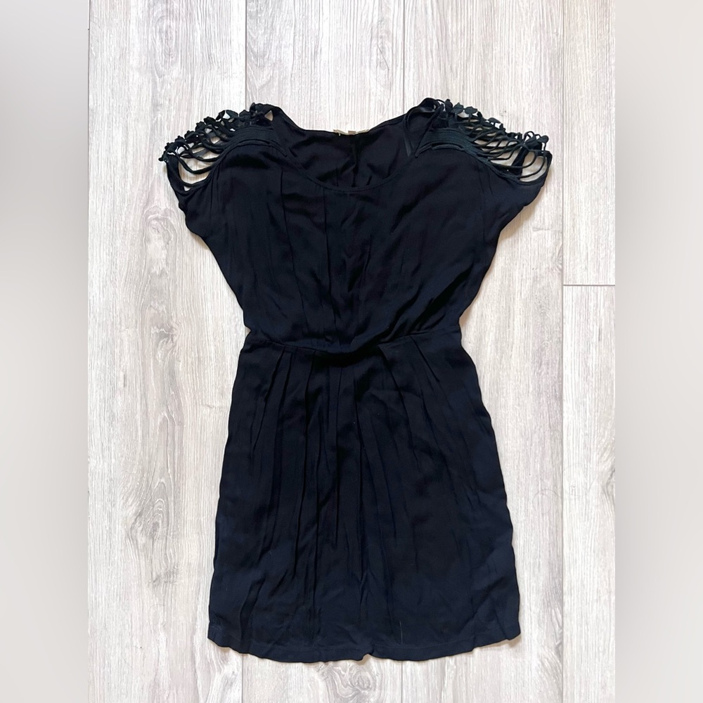 Lush Black Mini Dress with Lace Cap Sleeve Detail, XS
